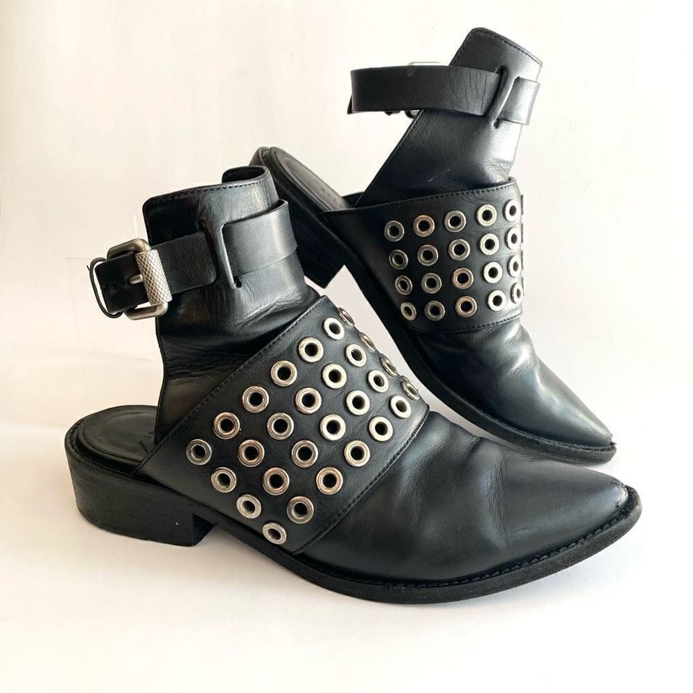 All Saints Yannis Black Leather Mule Ankle Strap Buckle Boots Bootie Size 37